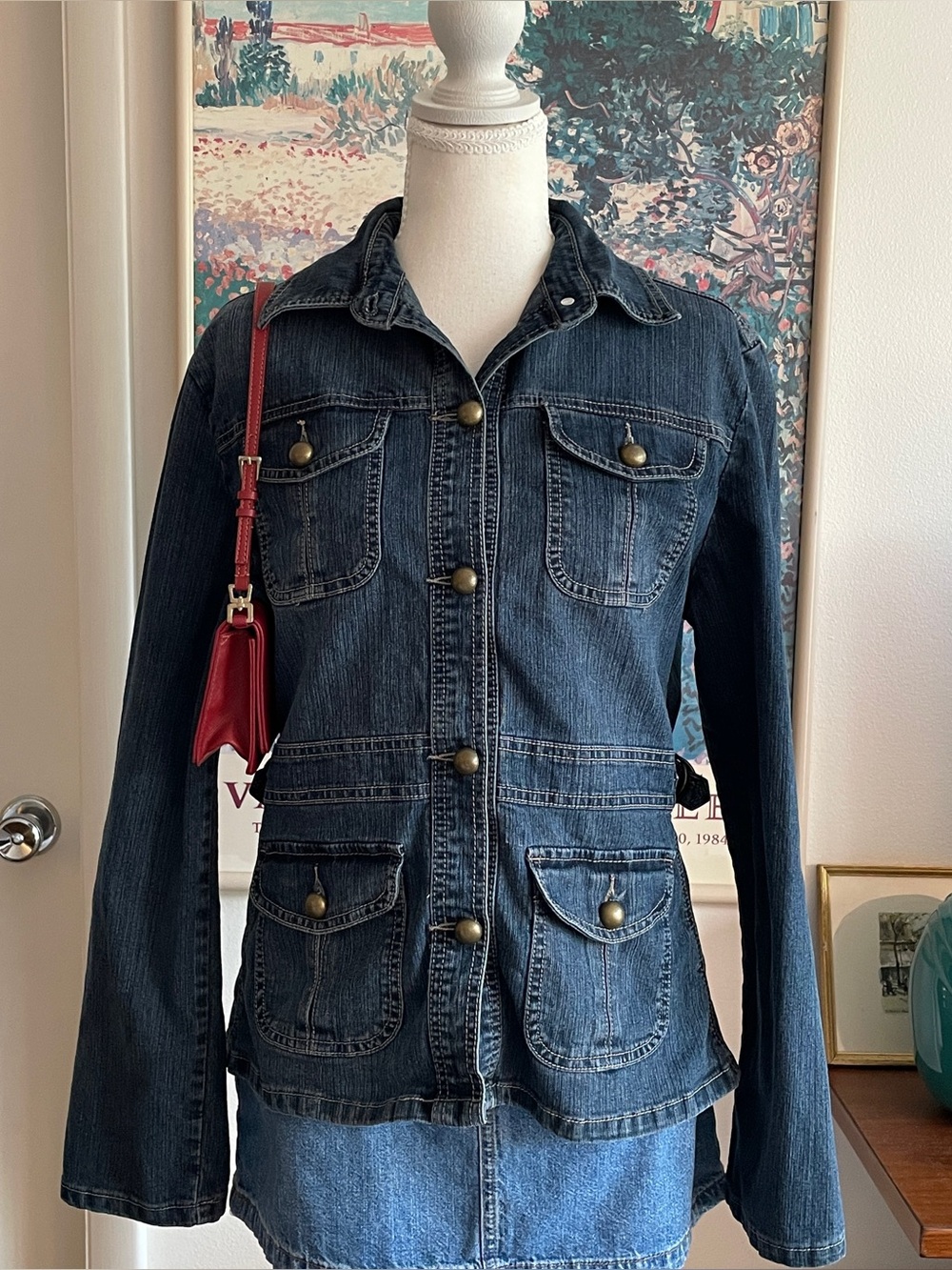 Access Denim Jacket Women Large Dark Wash Button Up Downtown Girl Indie Boho Y2K
